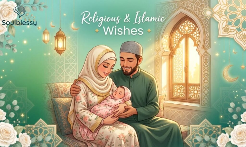 Religious Newborn Daughter Wishes illustration with Muslim family and baby girl