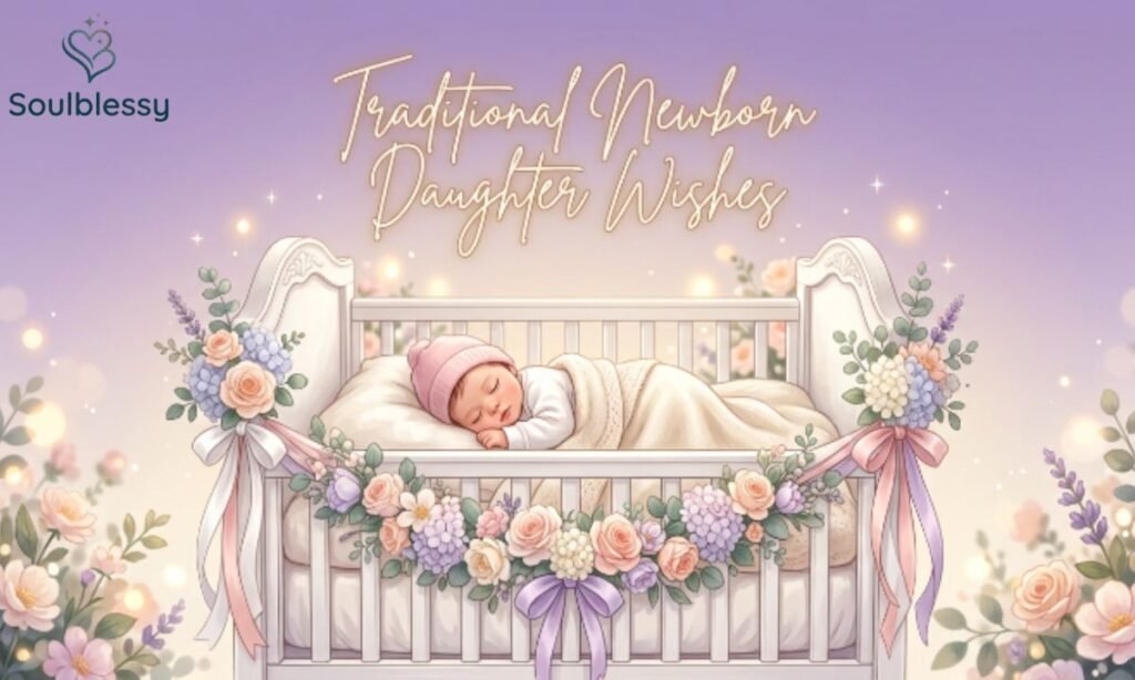 Traditional Newborn Daughter Wishes illustration with sleeping baby girl